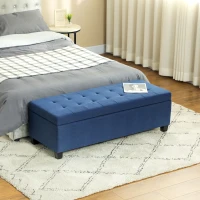 HOMCOM Rectangular Entry Bench, Tufted Upholstered Linen Fabric Wood Feet Storage Ottoman Bench, Blue(m-1)