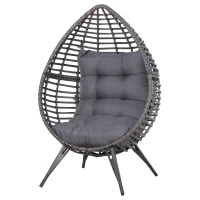 Outsunny Patio Wicker Egg Chair w/ Soft Cushion, Teardrop Cuddle Seat, Outdoor / Indoor Patio Chair, PE Plastic Rattan Furniture with Adjustable Height Feet Pads, Gray(m-1)