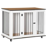 PawHut Dog Crate, Dog Cage End Table with Wheels & Big Tabletop, Indoor Dog Crate Furniture with Lockable Door, White(m-1)