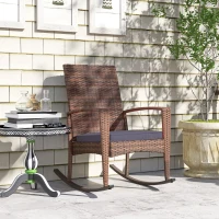 Outsunny Outdoor PE Rattan Rocking Chair, Garden Glider Rocking Chair, Wicker Patio Chair Set with Armrest and Cushion, Dark Blue(m-9)