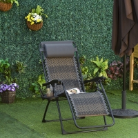 Outsunny Wicker Folding Lounge Chair with Adjustable Backrest, Rattan Recliner Chair with Headrest & Side Table Tray, Grey