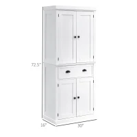 HOMCOM 72.5" Kitchen Pantry Cabinet, Traditional Freestanding Storage Cabinet with 4 Doors, Drawer and 3 Adjustable Shelves for Dining Room, White(m-3)