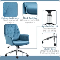 Vinsetto Velvet Home Office Chair, Tufted Height Adjustable Computer Desk Chair with Swivel Wheels and Padded Armrests, Blue(m-7)
