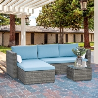 Outsunny 3-Piece Patio Furniture Set Modern Sectional Sofa Rattan Chair Wicker Conversation Set Outdoor Hand Woven Rattan Wicker Furniture Patio Coffee Table Sofa Set, Blue