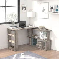 HOMCOM 360° Rotating L Shaped Desk, Corner Computer Desk with Storage Shelves for Home Office, Grey(m-1)
