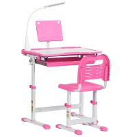 Qaba Kids Desk and Chair Set Height Adjustable Student Writing Desk Children School Study Table with Tilt Desktop, LED Lamp, Pen Box, Drawer, Reading Board, Cup Holder, Pink(m-2)