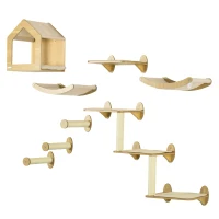 PawHut 8PCs Cat Wall Shelves Pet Wall-mounted Climbing Shelf Set with Cushion Condo Scratching Posts Hammock Oak(m-11)