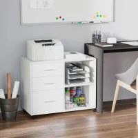 HOMCOM Modern Lateral Filing Cabinet, 3 Drawer File Cabinet for Letter and A4 Size Documents, Mobile, Printer Stand with Open Shelves, Rolling Wheels, White(m-1)