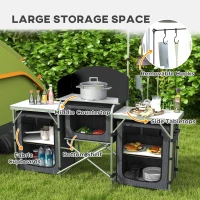 Outsunny Aluminum Camping Kitchen, Portable Folding Camping Table with Fabric Cupboards, Windshield, Bag for BBQ, Picnic, Black(m-4)