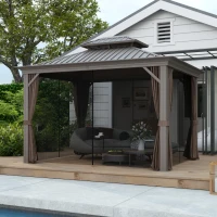 Outsunny 10' x 12' Outdoor Hardtop Gazebo with Galvanized Canopy & Netting Sidewalls for Lawn, Backyard, Dark Brown(m-1)