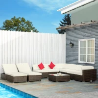 Outsunny 9-Piece Outdoor Patio Sectional Furniture Set, Throw Pillows, 8 Seat Sofa Set, 2 Reclining Chaise Lounge Chairs, Coffee Table, Wicker Conversational Couch, Cushions, Beige(m-2)