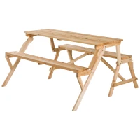 Outsunny Patio Wooden Folding Picnic Table with Benches, Outdoor 2 in 1 Convertible Patio & Garden Bench, Foldable Picnic Table with Umbrella Hole, Nature(m-11)
