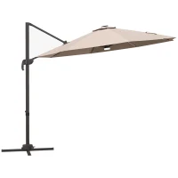 Outsunny 10ft Cantilever Patio Umbrella Offset Parasol with Lights, Cross Base, 360° Rotating for Deck, Beach, Market, Khaki(m-11)