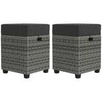 Outsunny 2 PCS Patio Wicker Ottoman Set, Square Outdoor PE Rattan Footrest with Removable Cushion for Backyard, Grey(m-11)
