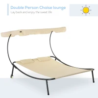 Outsunny Patio Double Chaise Lounge Chair, Outdoor Wheeled Hammock Daybed with Adjustable Canopy and Pillow for Sun Room, Garden, or Poolside, Beige(m-4)
