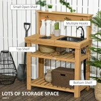 Outsunny Outdoor Potting Bench Table with Faucet, Removable Sink, Hooks and Storage Shelves, Wood Work Bench Workstation for Greenhouse, Garden, Patio(m-4)