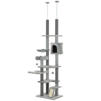 PawHut 89"-100" Floor to Ceiling Cat Tree for Indoor Cats, Activity Center with Cat Perch & Condo, Gray