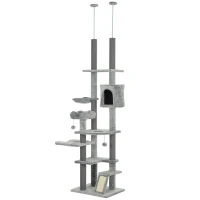 PawHut 89"-100" Floor to Ceiling Cat Tree for Indoor Cats, Activity Center with Cat Perch & Condo, Gray(m-1)
