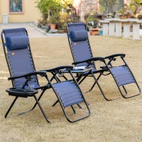 Outsunny Zero Gravity Chair Set of 2 Patio Chair with Side Table Cupholders and Pillows for Pool, Backyard, Lawn, Beach, Blue(m-1)