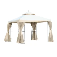 Outsunny 10' x 10' Steel Outdoor Patio Gazebo Canopy with Removable Mesh Curtains, Display Shelves, & Steel Frame, Beige(m-11)