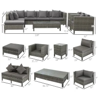Outsunny Patio Furniture Set, 9 Piece Outdoor Sectional Sofa, All-Weather PE Rattan Wicker Conversation Set with Chairs, Ottoman, Loveseat, Coffee and Side Table, Cushions, Gray(m-3)