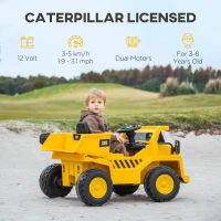 Qaba Caterpillar Licensed 12V Electric Ride on Excavator w/ Remote, Bucket, Shovel, Music, Loudspeaker for Ages 3-6, Yellow(m-4)