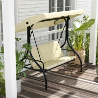 Outsunny Convertible Patio Swing Bed with Canopy and Cushions, 3 Seater Porch Swing for Outdoor, Backyard, Garden, Beige(m-9)