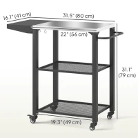 Outsunny Outdoor Grill Cart w/ Foldable Side Table, 3-Tier Pizza Oven Stand w/ Stainless Steel Tabletop, Hooks, Wheels(m-3)