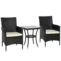 Outsunny 3 Pieces Patio Bistro Set, Outdoor PE Rattan Porch Furniture with Two Armchairs, Glass Top Coffee Table, Black(m-11)