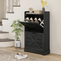 HOMCOM Slim Shoe Storage Cabinet, Farmhouse Shoe Cabinet with 2 Flip Drawers, Adjustable Shelves for 8 Pairs, Distressed Grey(m-1)