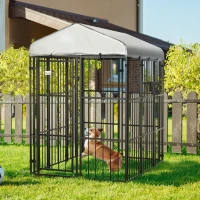 PawHut 6' x 4' Dog Kennel, Outdoor Dog Playpen Run with Waterproof, UV Resistant Canopy, Heavy-Duty Chain Link for Medium and Large Dogs(m-10)