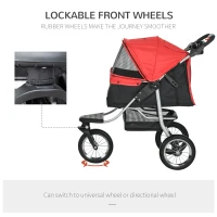 PawHut Luxury Pet Stroller Lightweight Dog Cat Travel Carriage with 3-Rubber Wheels, One-click Folding Design, Adjustable Canopy, Zippered Mesh Window Door, Red(m-4)