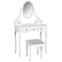 HOMCOM Wooden Vanity Table Set, Makeup Dressing Table with 360° Rotating, 5 Drawers and Padded Stool, White(m-2)