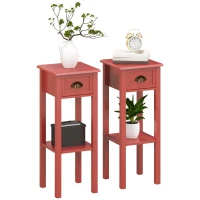 HOMCOM 2-Tier Side Tables Set of 2 with Drawer and Shelf, 2 Pieces End Tables for Living Room and Hallway, Red(m-11)
