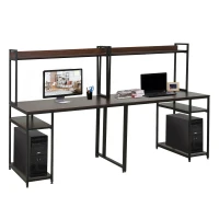 HOMCOM 94.5in Industrial Double Computer Desk with Hutch and Storage Shelves, Extra Long Two Person Home Office Desk, Writing Table Workstation for 2 People with CPU Stand, Brown Wood Grain(m-8)