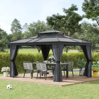 Outsunny 10' x 12' Hardtop Gazebo Canopy with Polycarbonate Roof, Aluminum Frame, Permanent Pavilion Outdoor Gazebo with Netting, for Patio, Garden, Backyard, Deck, Lawn, Black(m-10)