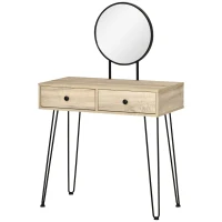 HOMCOM Vanity Table, Makeup Vanity Table with Round Mirror, 2 Drawers, Modern Dressing Table for Bedroom, Oak(m-11)