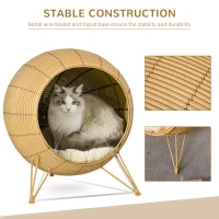 PawHut 20.5" Rattan Cat Bed, Wicker Elevated Round Condo for Comfort and Circulation with Cushion(m-4)