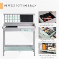 Outsunny Outdoor Wooden Potting Bench Table with Removable Sink, Garden Work Bench with Chalkboard, Drawer, Open Shelf Storage, Light Gray(m-5)