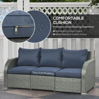 Outsunny Patio Furniture with Cushions, 6 Pieces PE Wicker Patio Sectional Furniture Conversation Set w/ a Three-Seat Sofa, 2 Recliner Chairs, 2 Footstools & Table, Dark Blue(m-7)