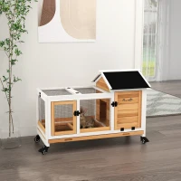 PawHut Wooden Rabbit Hutch with Wheels, Run, Slide-out Tray for Small Animals, Guinea Pig, Yellow(m-2)