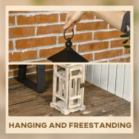 HOMCOM 2 Pack 30"/21" Large Fine Woodworking Decorative Lantern, Metal Hanging Wooden Indoor Covered Outdoor Lantern for Home Décor (No Glass), Black and Natural Wood Faded Colour(m-5)