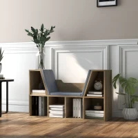 HOMCOM 6-Cubby Bookcase with Seat Cushion, Cube Storage Shelf with Reading Nook for Home Office, Study, Oak(m-8)