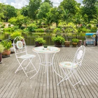 Outsunny 3 Piece Patio Bistro Set, Floral Mosaic Pattern, Metal Folding Chairs, Foldable Outdoor Dining Table for Coffee, Decor, Garden, Poolside, Porch, White(m-10)