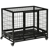 PawHut 36" Heavy Duty Dog Crate with Removable Tray, Lockable Wheels and Double Door, for Medium and Large Dogs, Black(m-11)