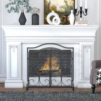 HOMCOM 2-Panel Mesh Fireplace Screen Cover with Double Doors, Steel Fire Spark Guard Cover, 34x35in Art Modern Decoration for Living Room, Black(m-8)