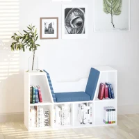 HOMCOM 6-Cubby Bookcase with Seat Cushion, Cube Storage Shelf with Reading Nook for Home Office, Study, Blue(m-1)