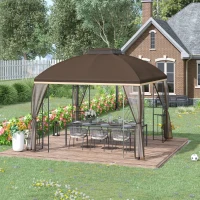 Outsunny 10' x 10' Patio Gazebo with Corner Shelves, Double Roof Outdoor Gazebo Canopy Shelter with Removable Mesh Netting, for Garden, Lawn, Backyard and Deck, Brown(m-10)