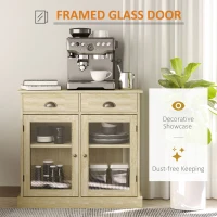 HOMCOM Farmhouse Sideboard Buffet Cabinet, Kitchen Cabinet with 2 Glass Doors, Coffee Bar Cabinet with Adjustable Shelves and 2 Drawers for Living Room, Oak(m-7)