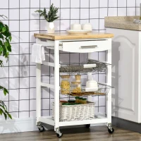 HOMCOM 3-Tier Kitchen Cart, Utility Cart with Solid Wood Top, Steel Basket, Rolling Kitchen Island with Drawer, Microwave Stand, White(m-10)